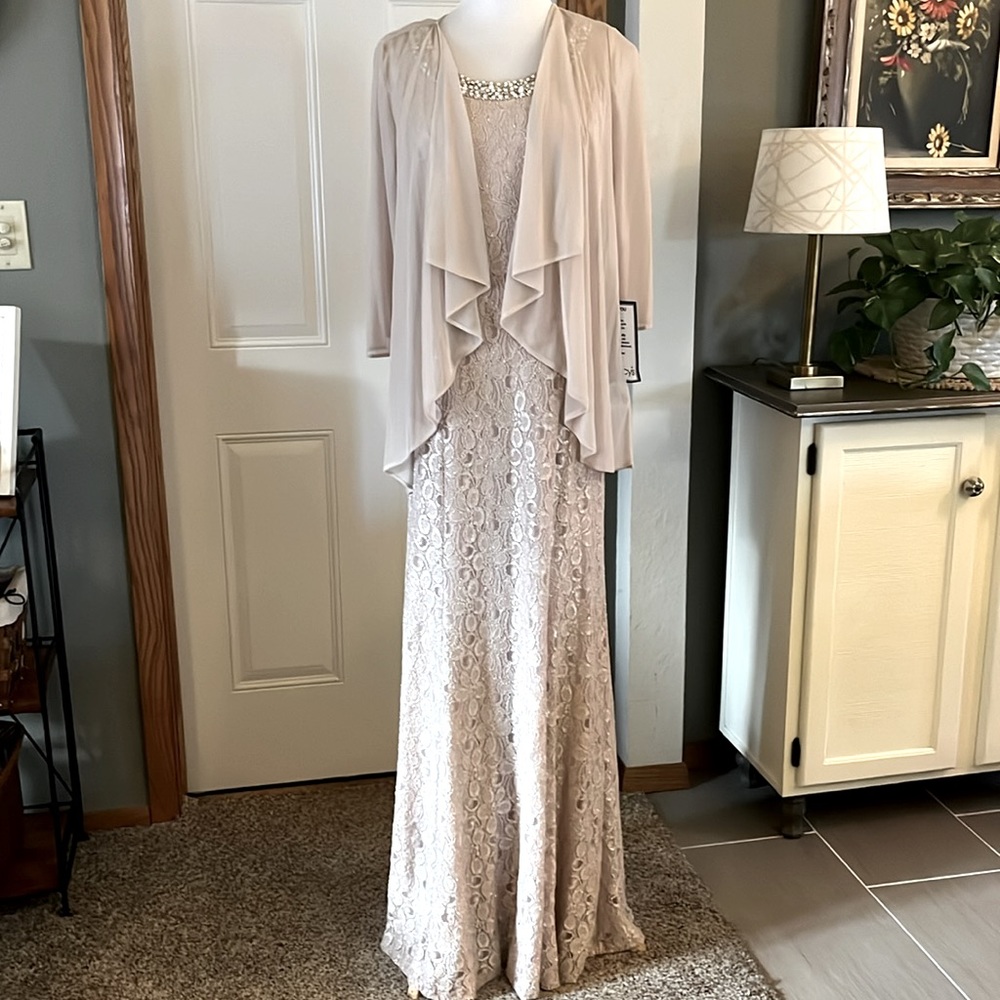 R & M Champagne Beaded Neckline Mother of the Bride/Groom Dress